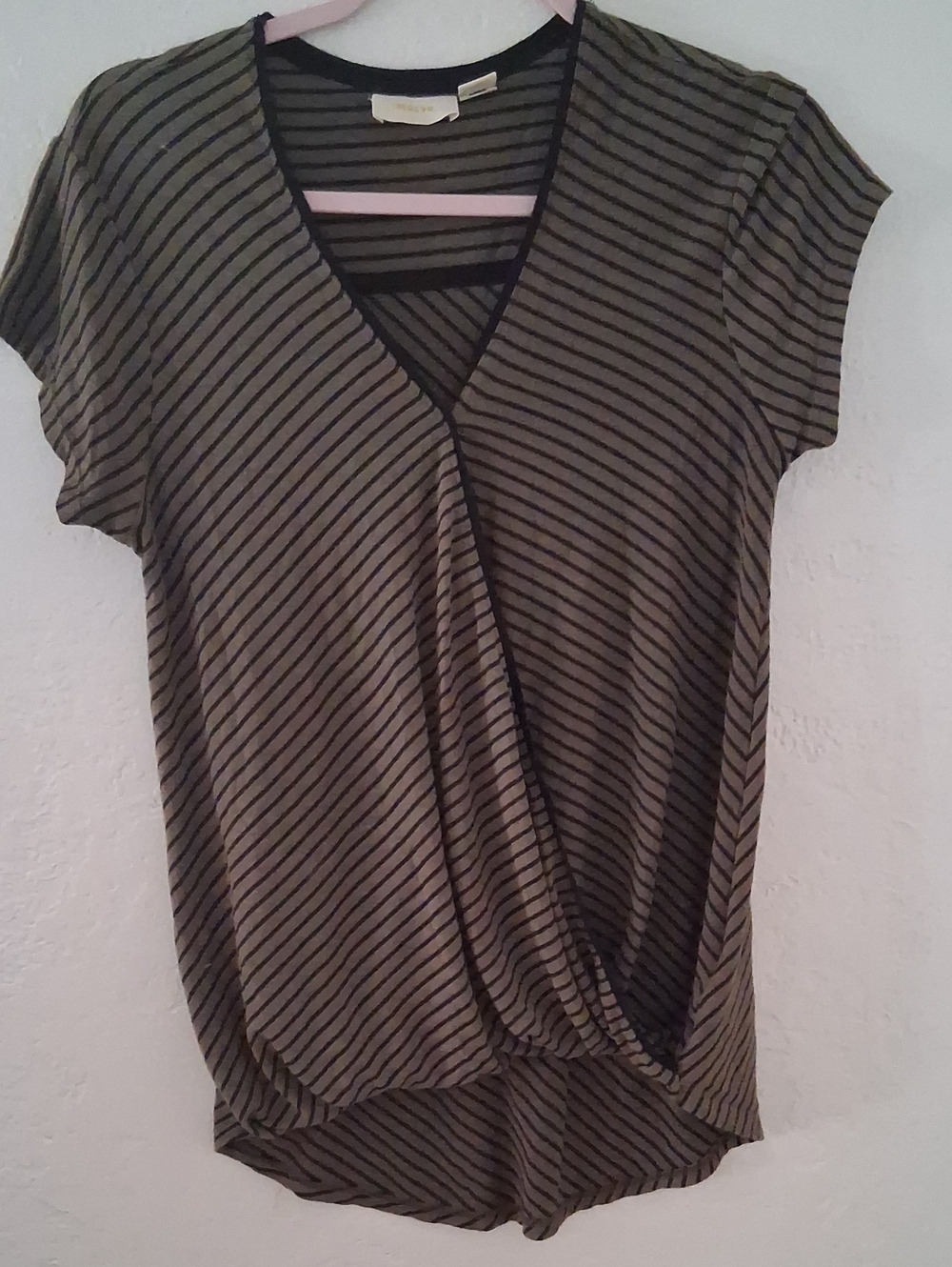 Mauve Olive and Black Diagonal Striped Surplice Short Sleeve Top